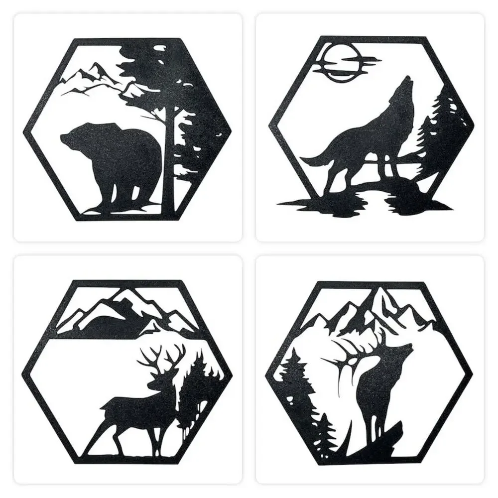 Set 4 Plastic Wall Art Decor Rustic Wildlife Hexagon Silhouettes Bear Wolf Elk